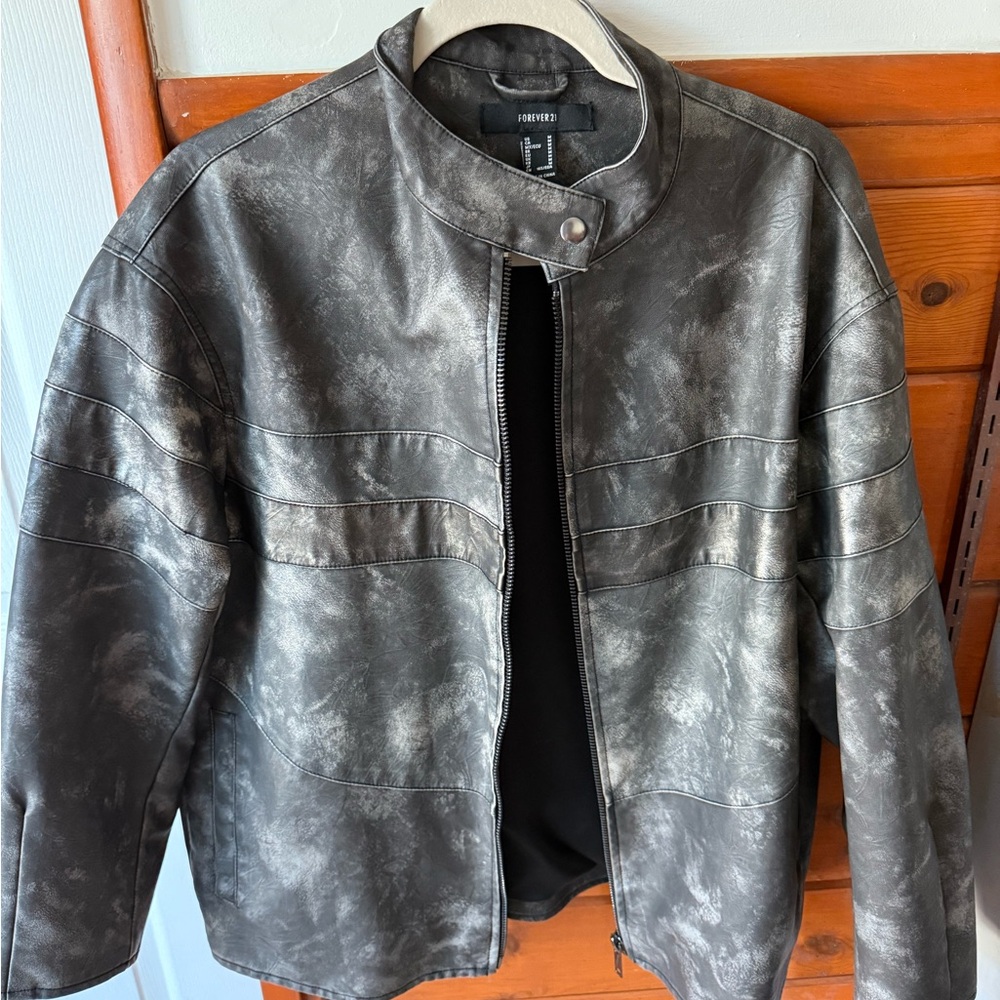 Forever 21 Distressed Faux Oversized Leather Jacket in Charcoal | SZ M